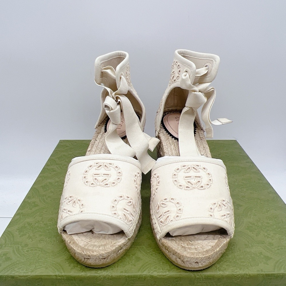 Gucci GG Damita Espadrille Wedge Sandal Eyelet Beige Canvas EU 36.5 US 6.5 - Picture 6 of 15